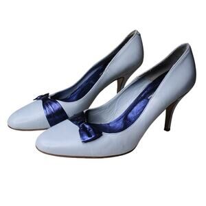 Lumiani Leather High Heel Pumps Italian Bow Blue Classic Preppy Retro